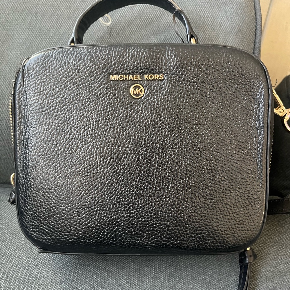 Michael Kors Black Pebbled Leather Top-Handle Crossbody with Gold Hardware